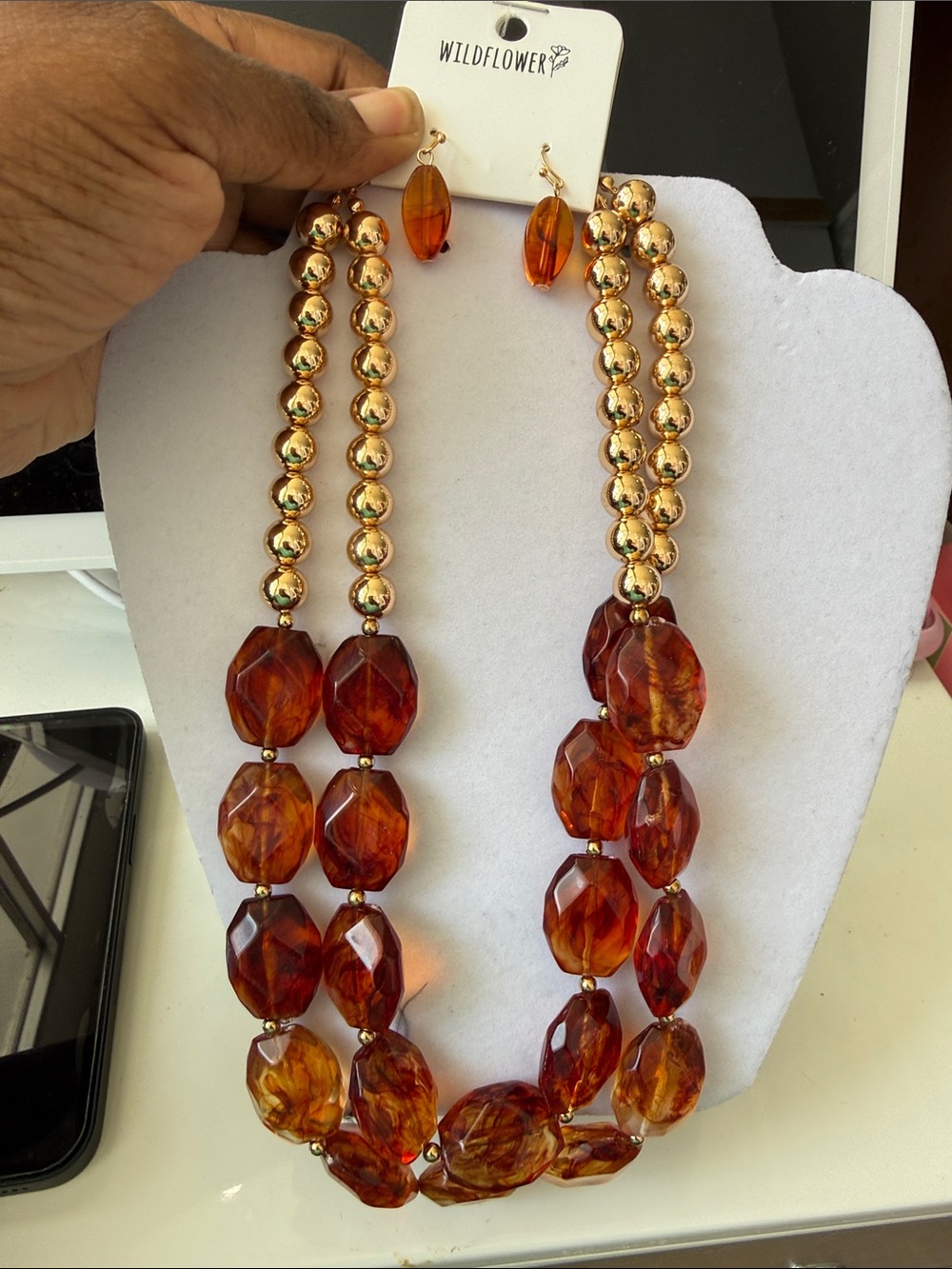 Wildflowers Gold and Amber-Tone Double Strand Bead Necklace with Matching Drops